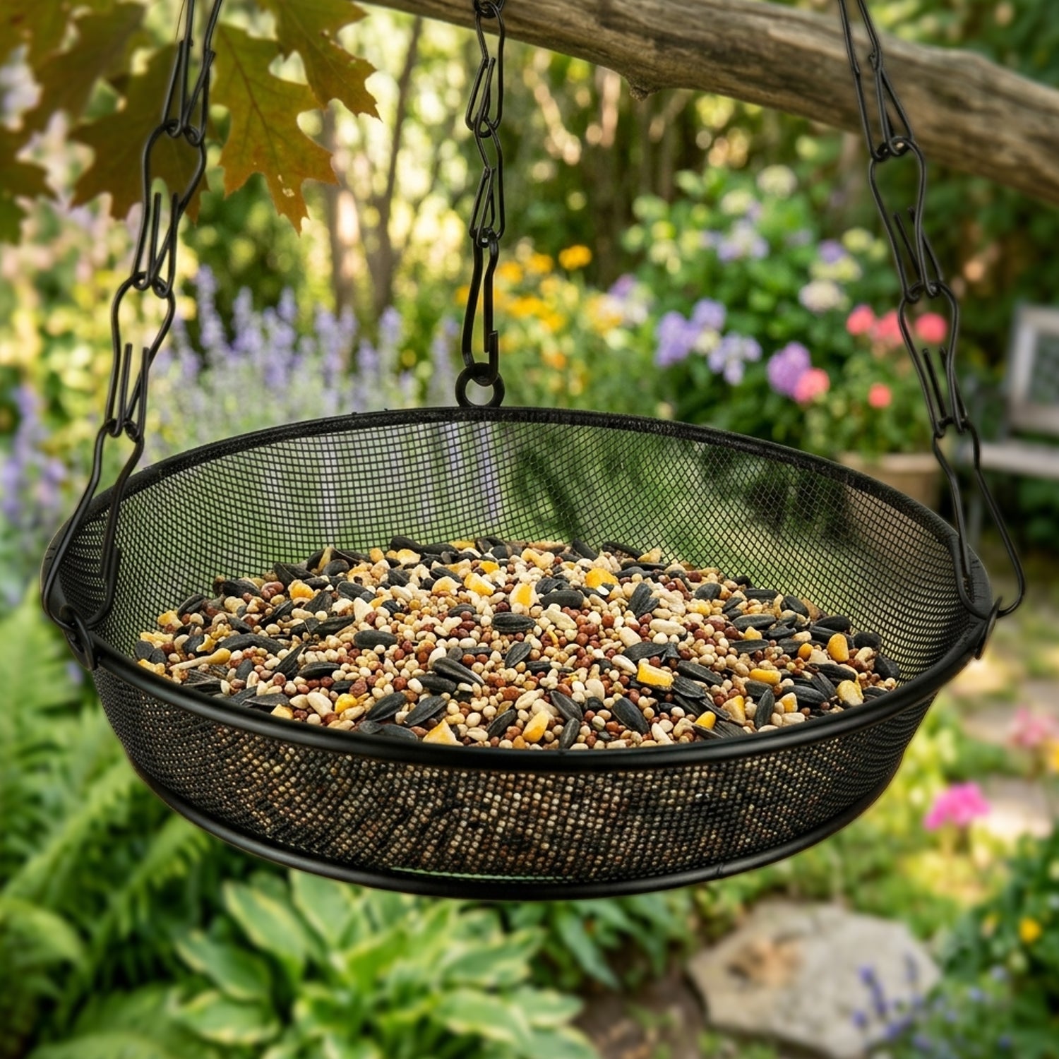 Woodside 2 Pack Round Hanging Bird Feeding Trays | Heavy Duty Mesh Wild Bird Feeders with Triple Chains