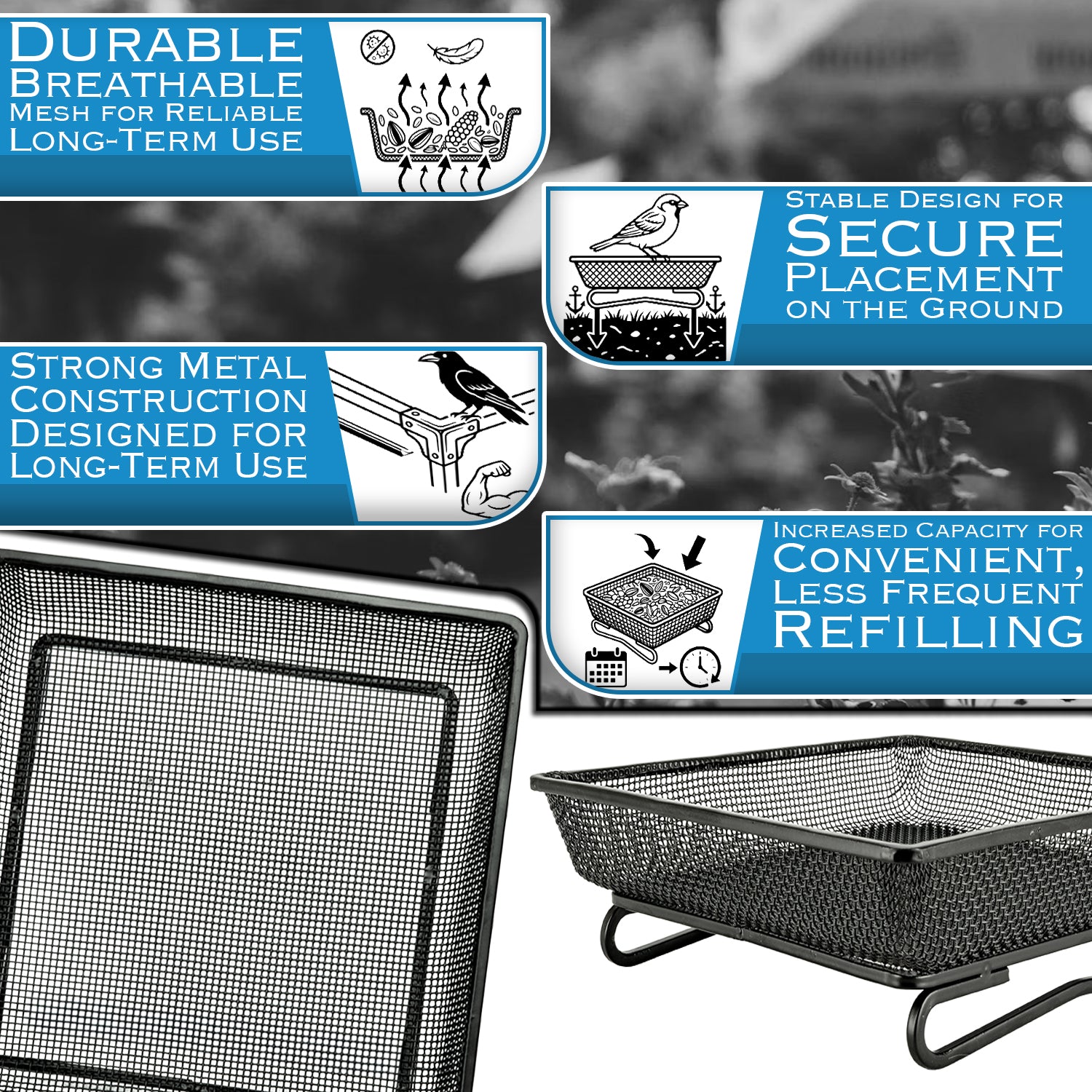 Woodside Square Floor Standing Bird Feeding Trays 2 Pack | Metal Mesh Garden Bird Feeders