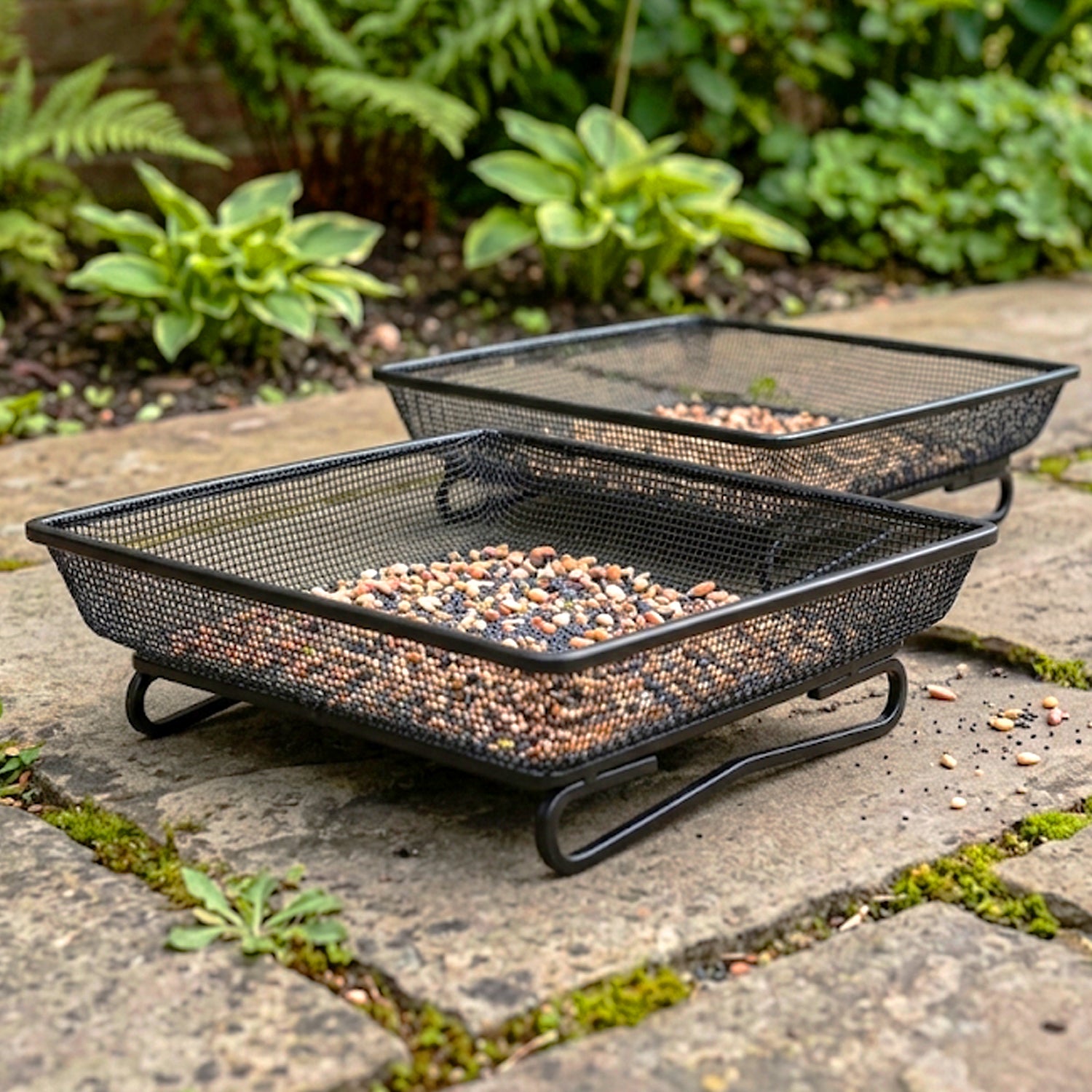 Woodside Square Floor Standing Bird Feeding Trays 2 Pack | Metal Mesh Garden Bird Feeders