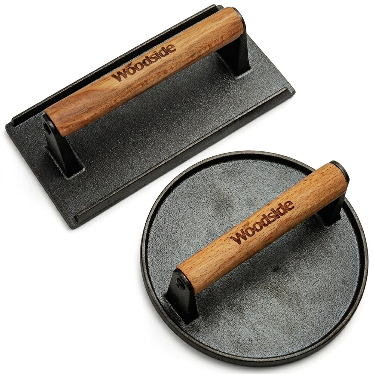 Woodside Rectangle & Round Cast Iron Grill Presses | BBQ Burger Press