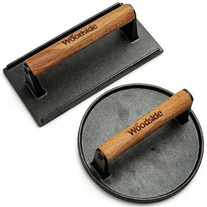 Woodside Rectangle & Round Cast Iron Grill Presses | BBQ Burger Press
