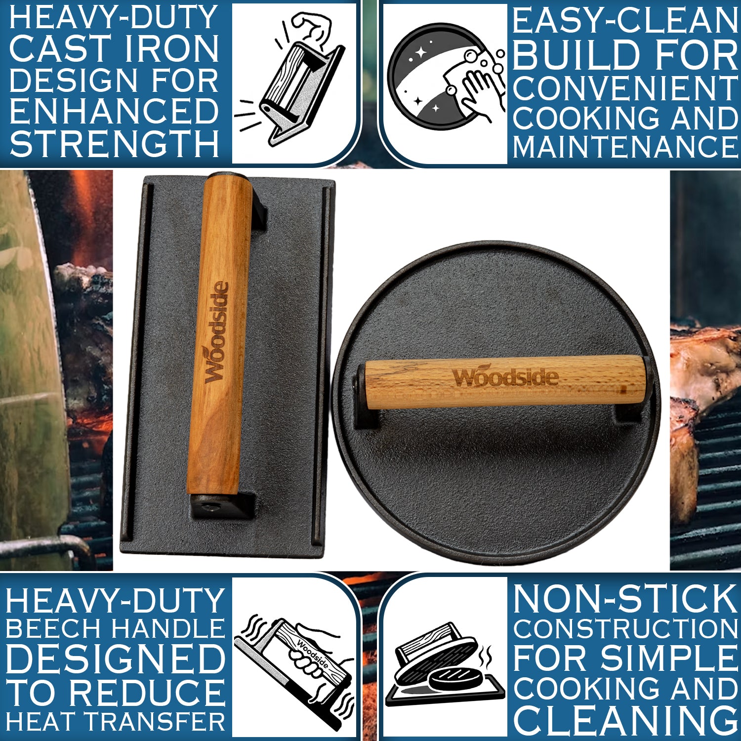 Woodside Rectangle & Round Cast Iron Grill Presses | BBQ Burger Press