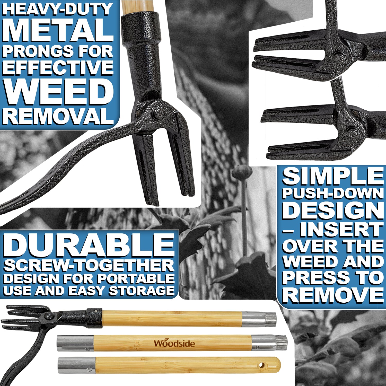Woodside Bamboo Handle Weed Puller | Long Handled Garden Weed Remover