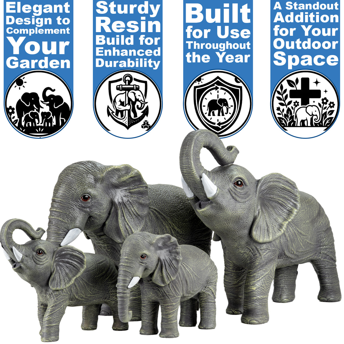 Woodside African Elephant Family Garden Ornaments | Realistic Resin Décor