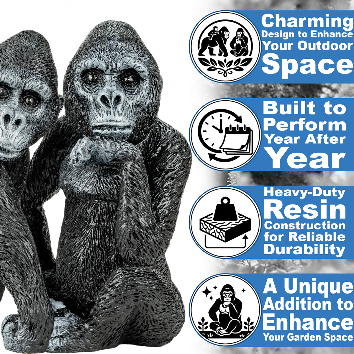 Woodside Gorilla Family Garden Ornaments | Realistic Resin Garden Décor