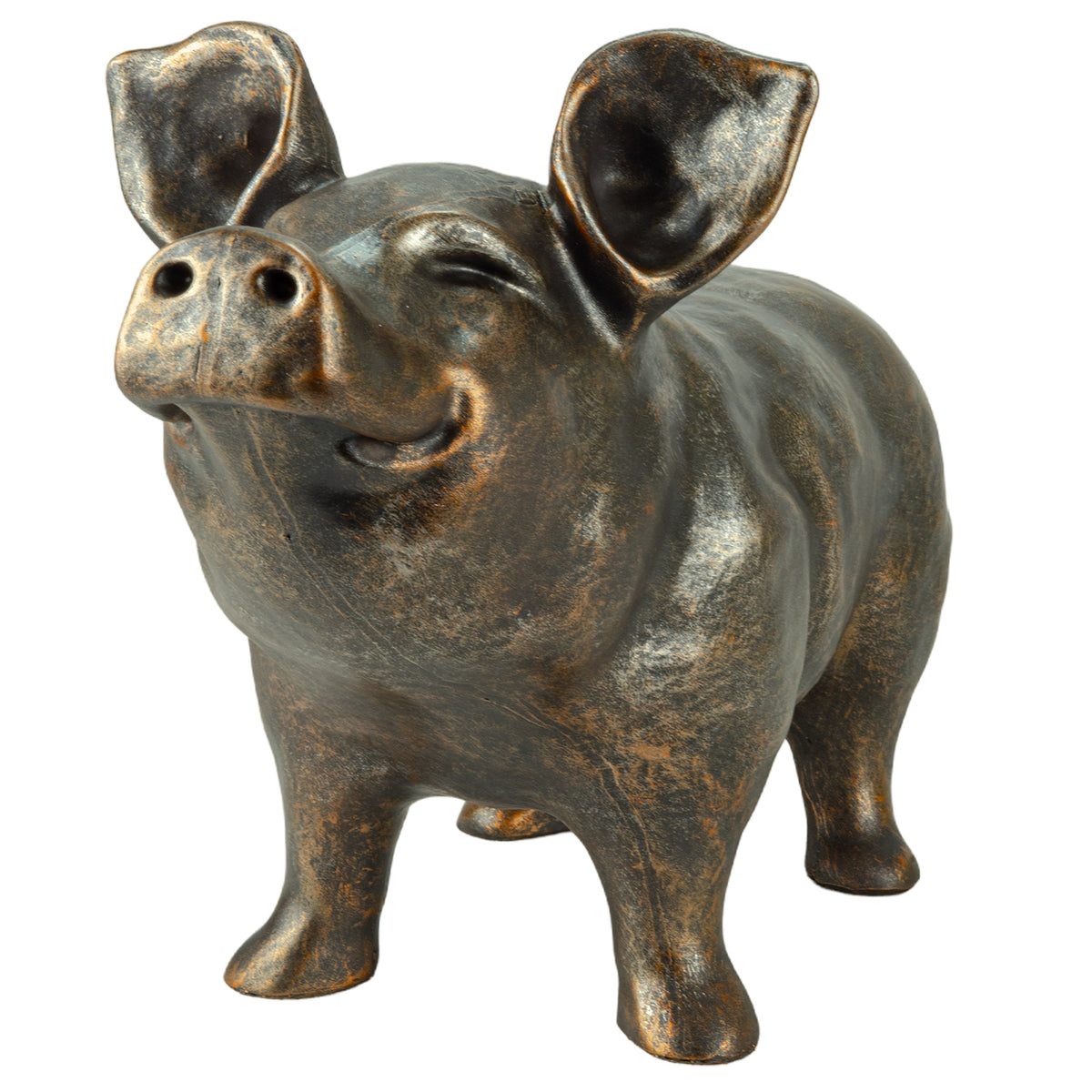 Woodside Happy Pig Garden Ornament | Bronze Effect Resin Outdoor Décor