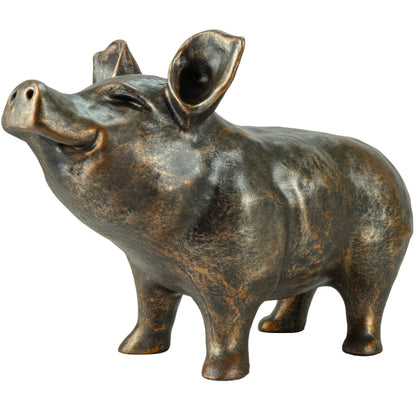 Woodside Happy Pig Garden Ornament | Bronze Effect Resin Outdoor Décor