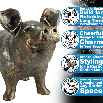 Woodside Happy Pig Garden Ornament | Bronze Effect Resin Outdoor Décor