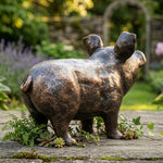 Woodside Happy Pig Garden Ornament | Bronze Effect Resin Outdoor Décor