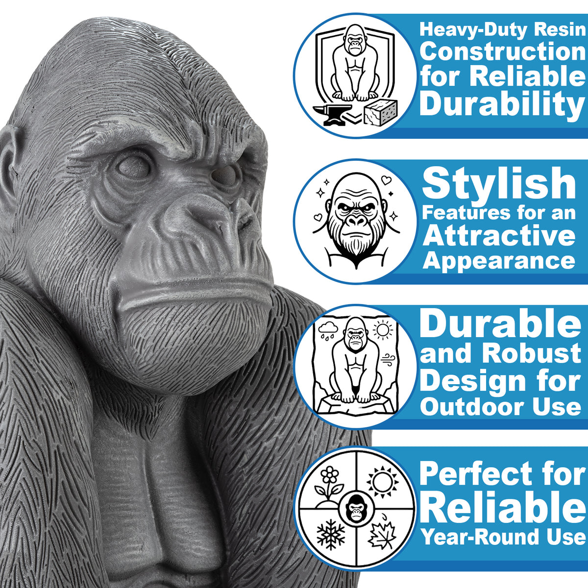 Woodside Large Sitting Silverback Gorilla Garden Ornament | Resin Outdoor Décor
