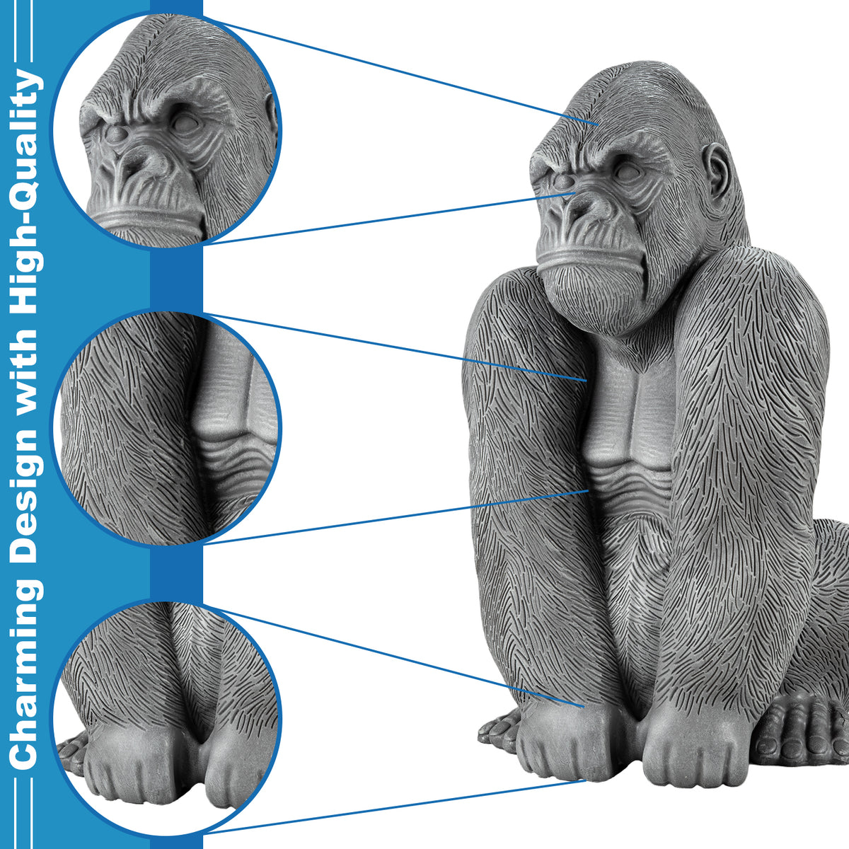Woodside Large Sitting Silverback Gorilla Garden Ornament | Resin Outdoor Décor