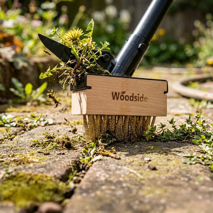 Woodside Long Handle Garden Weed Brush with Scraper | Brass Wire Bristles