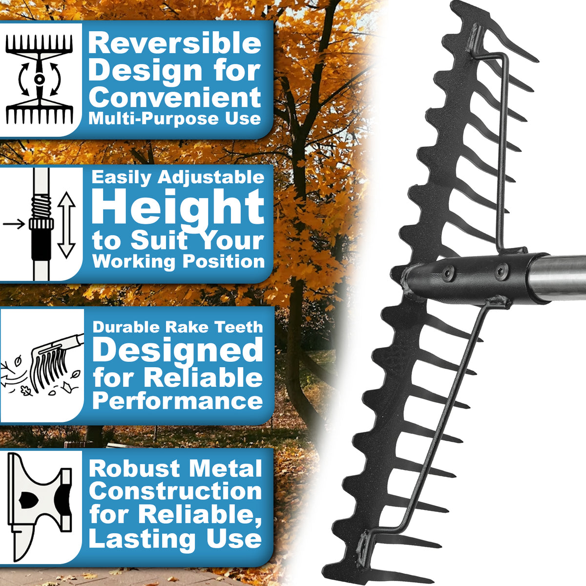 Woodside Large Head Garden Rake | 17 Prong Heavy Duty Metal Adjustable Handle