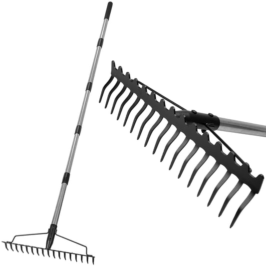 Woodside Large Head Garden Rake | 17 Prong Heavy Duty Metal Adjustable Handle