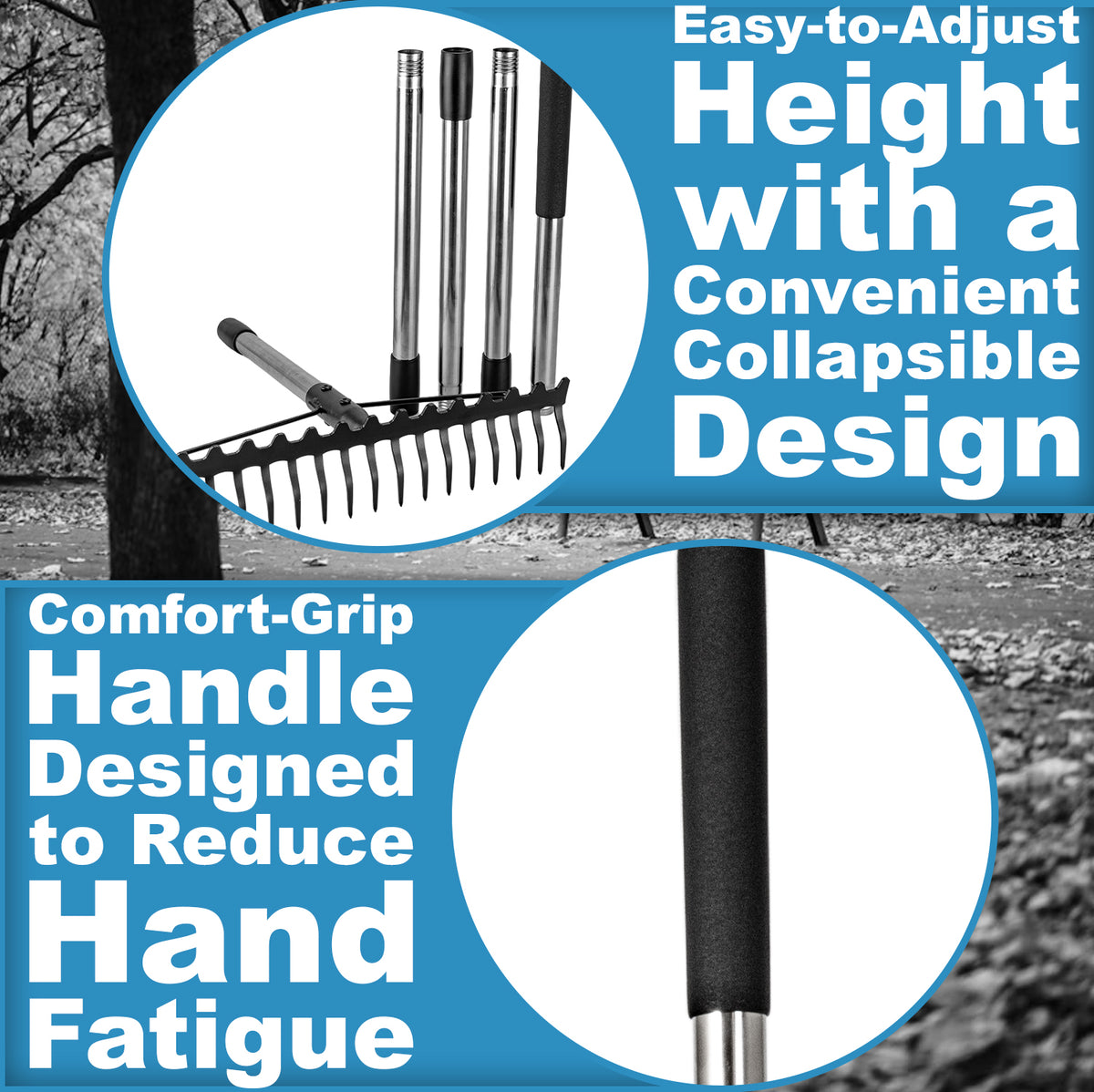 Woodside Large Head Garden Rake | 17 Prong Heavy Duty Metal Adjustable Handle