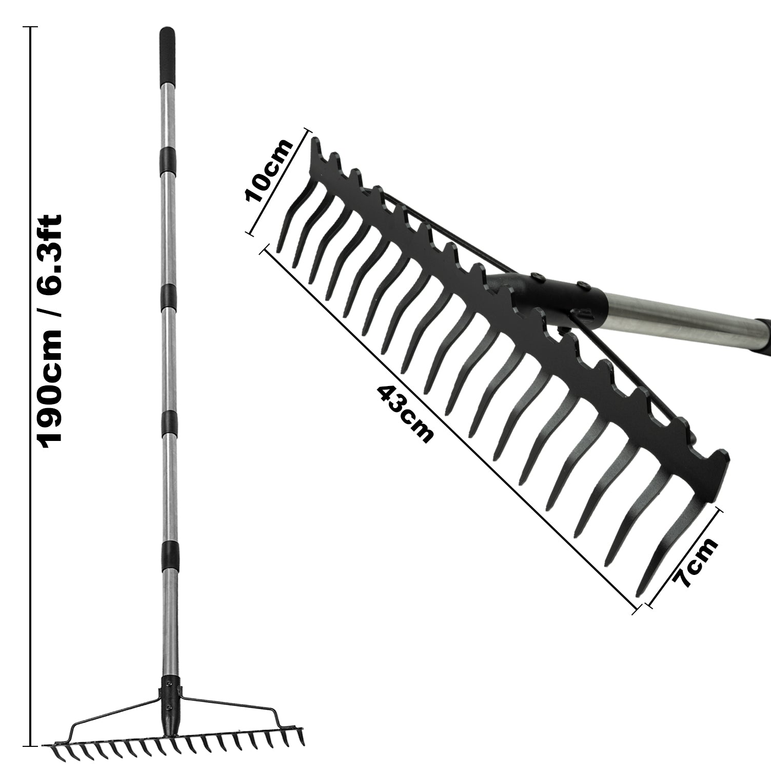Woodside Large Head Garden Rake | 17 Prong Heavy Duty Metal Adjustable Handle