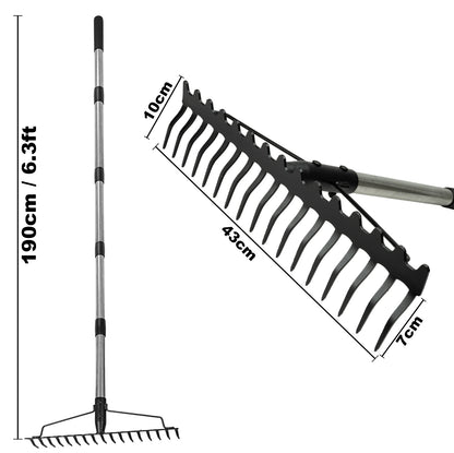 Woodside Large Head Garden Rake | 17 Prong Heavy Duty Metal Adjustable Handle
