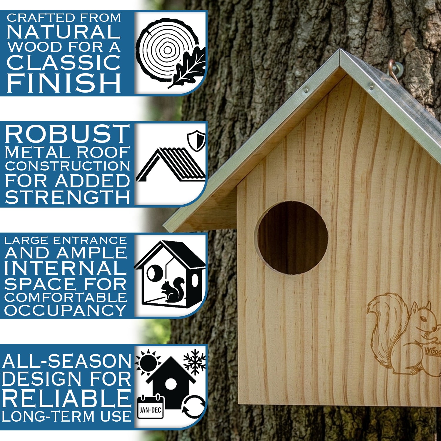 Woodside Wooden Squirrel Nest Box with Metal Roof | Large Garden Squirrel Habitat