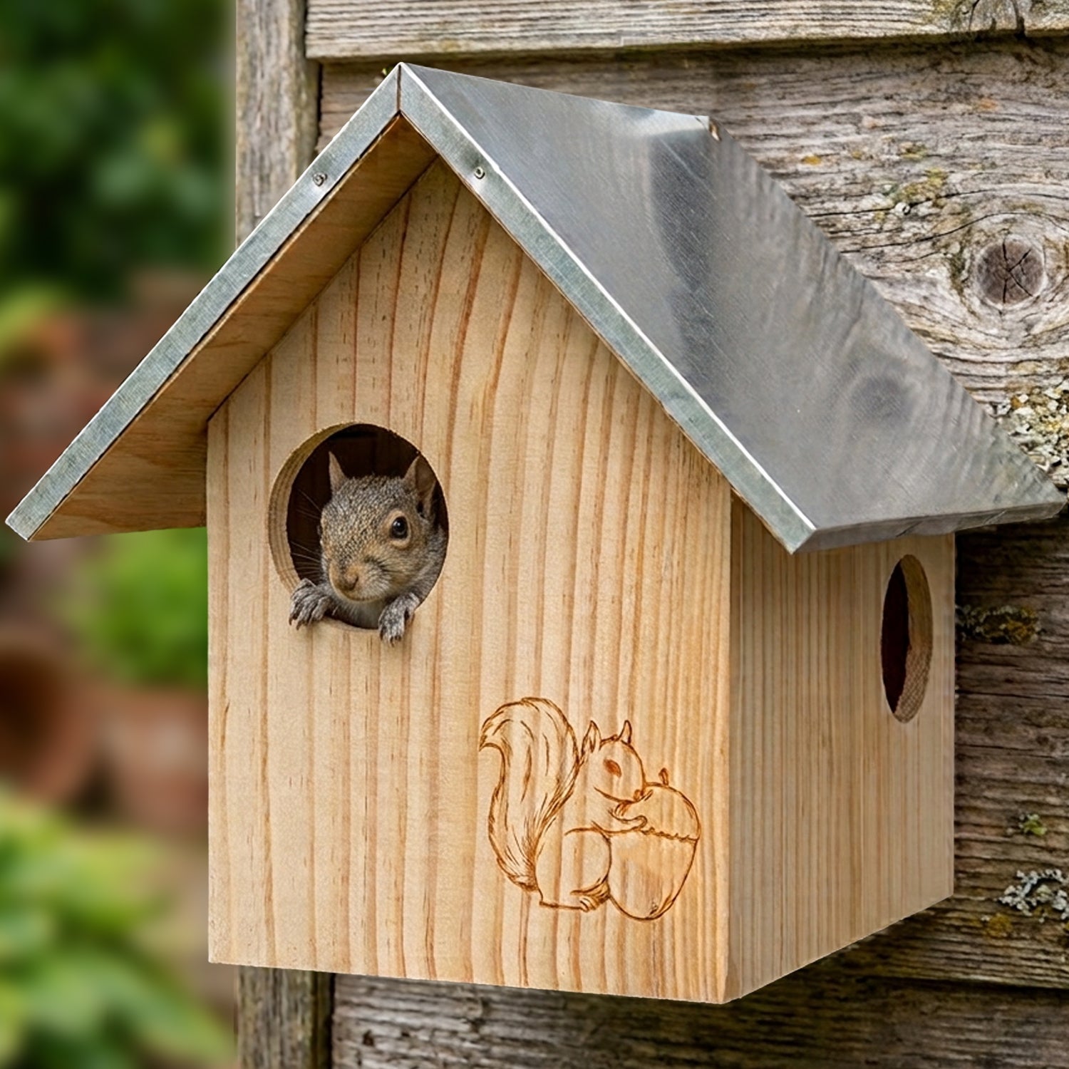 Woodside Wooden Squirrel Nest Box with Metal Roof | Large Garden Squirrel Habitat