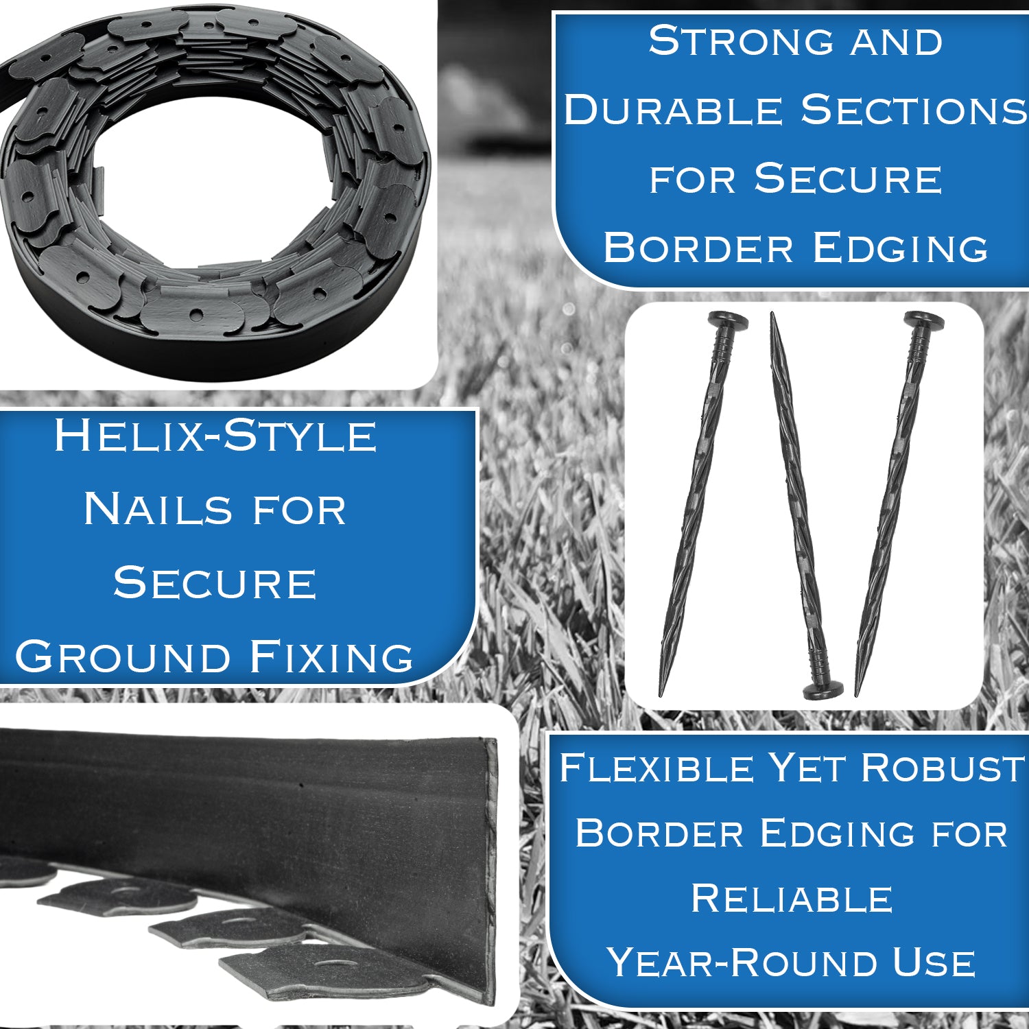 Woodside 20m Flexible Garden Lawn Border Edging | Charcoal Landscape Edging with Grounding Spikes