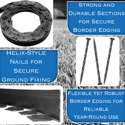Woodside 20m Flexible Garden Lawn Border Edging | Charcoal Landscape Edging with Grounding Spikes