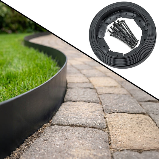 Woodside 10m Flexible Garden Lawn Border Edging | Charcoal Landscape Edging with Grounding Spikes
