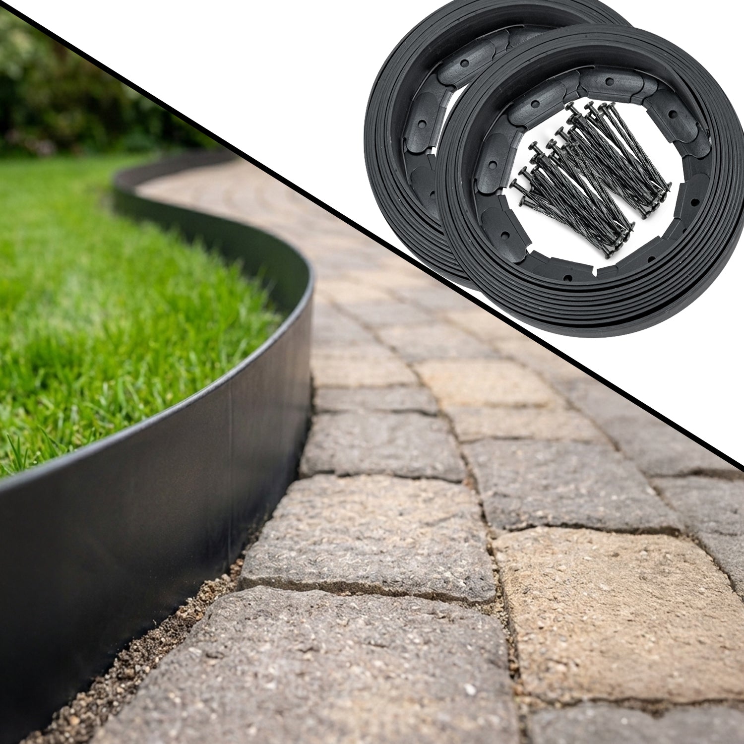 Woodside 20m Flexible Garden Lawn Border Edging | Charcoal Landscape Edging with Grounding Spikes