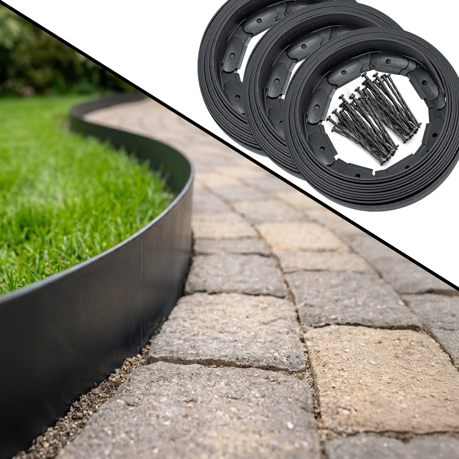 Woodside 30m Flexible Garden Lawn Border Edging | Charcoal Landscape Edging with Grounding Spikes