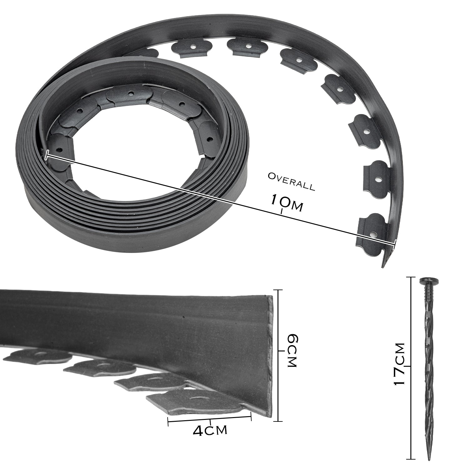 Woodside 20m Flexible Garden Lawn Border Edging | Charcoal Landscape Edging with Grounding Spikes
