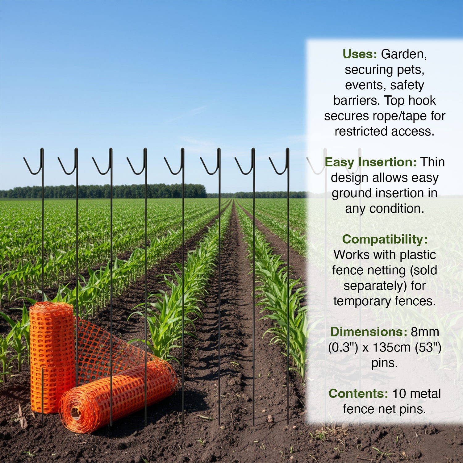 Woodside Pack of 10 8mm x 135cm Metal Barrier Safety Netting Fence Pins/Stakes