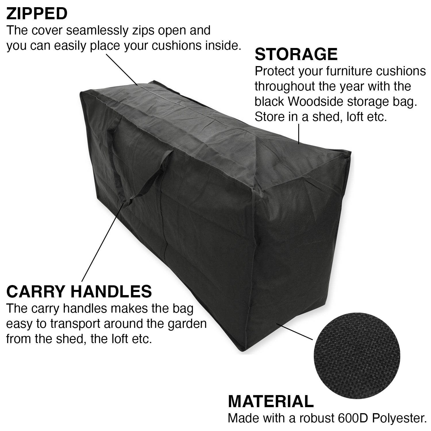 Woodside Garden Furniture Cushion Storage Bag Black Heavy Duty