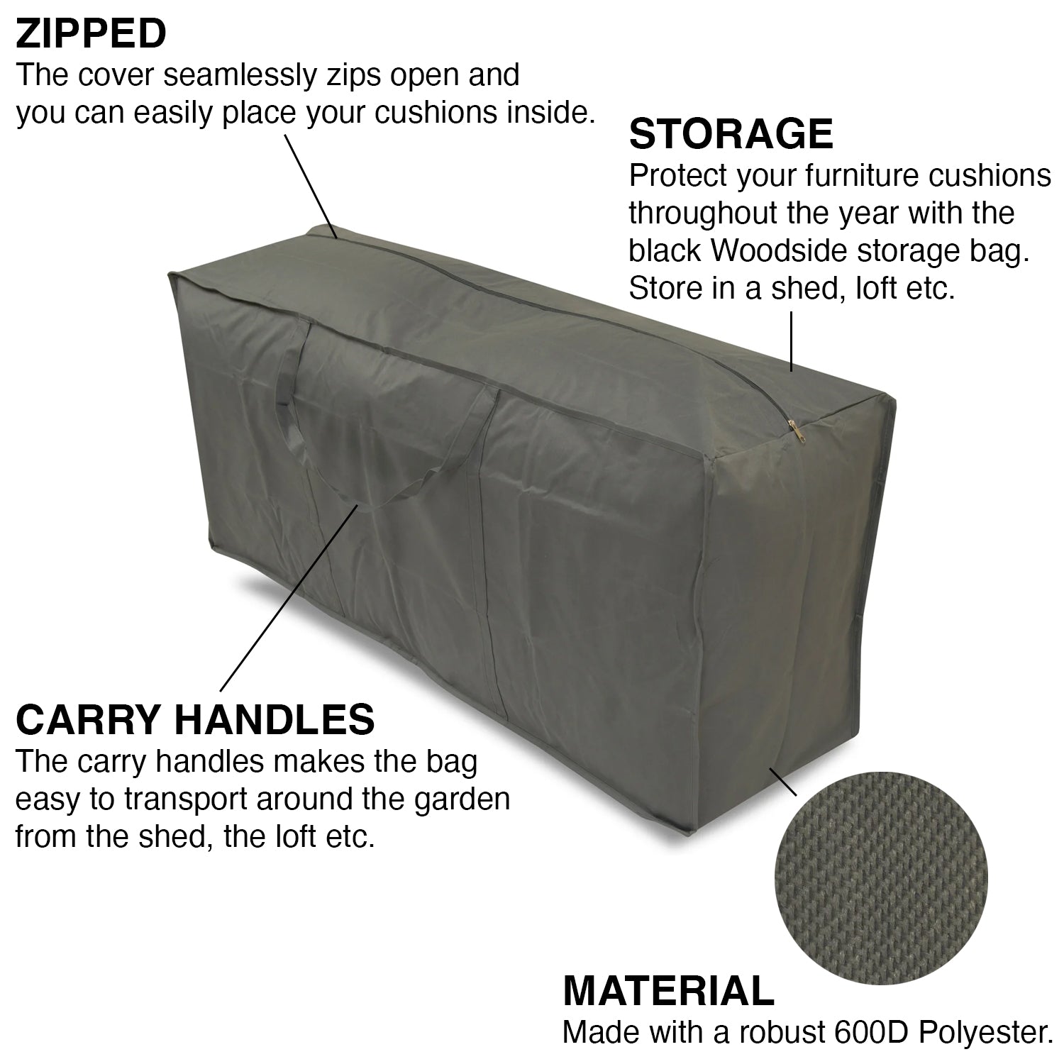 Woodside Grey Heavy Duty Outdoor Garden Furniture Cushion Storage Bag Case