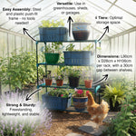 Shelving unit with plants and a chicken in a greenhouse setting, featuring text on features and dimensions.