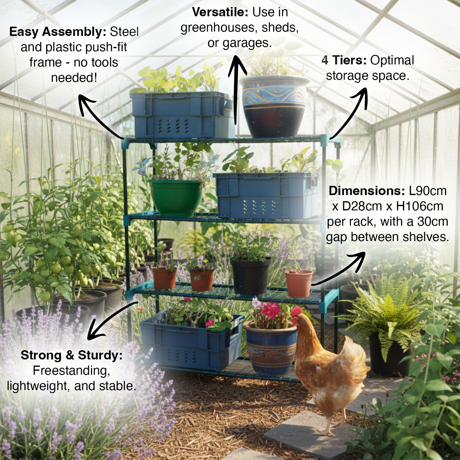 Shelving unit with plants and a chicken in a greenhouse setting, featuring text on features and dimensions.