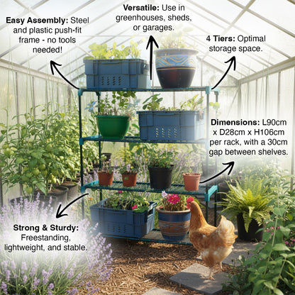 Shelving unit with plants and a chicken in a greenhouse setting, featuring text on features and dimensions.