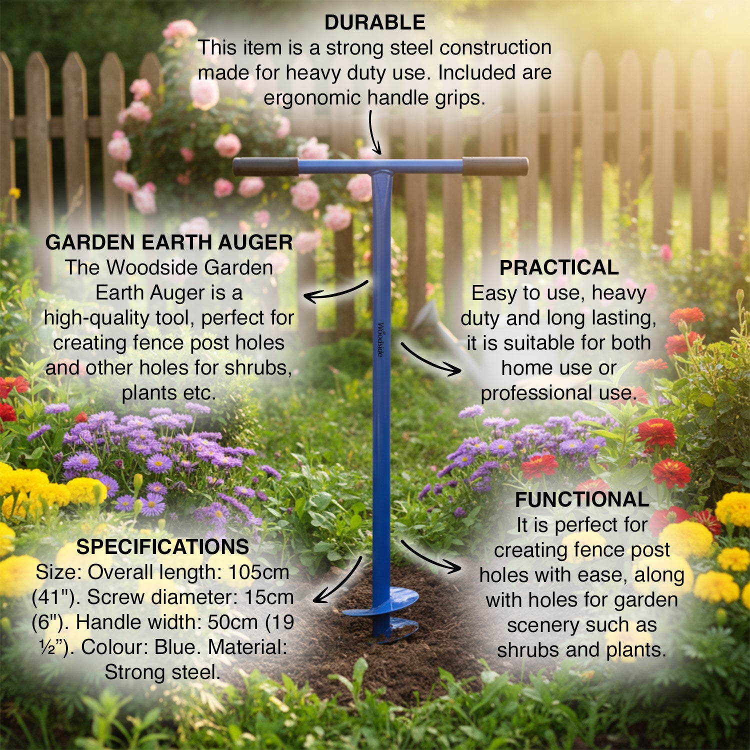 Woodside Manual Garden Earth Auger 150mm Fence Post Hole Digger Hand Drill
