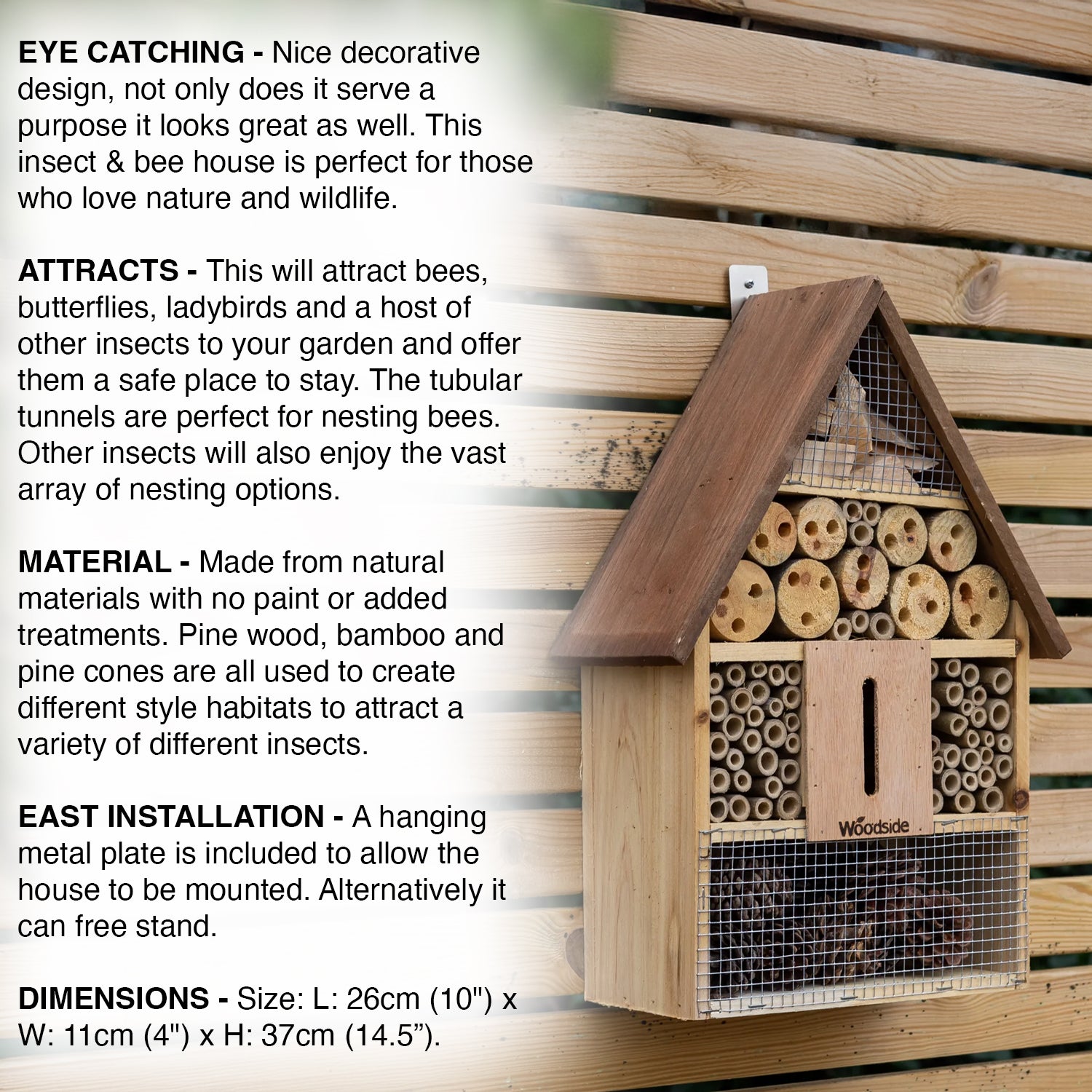 Woodside Wooden Insect Bee House Natural Wood Bug Hotel Shelter Garden Nest Box