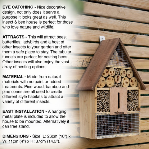Woodside Wooden Insect Bee House Natural Wood Bug Hotel Shelter Garden Nest Box