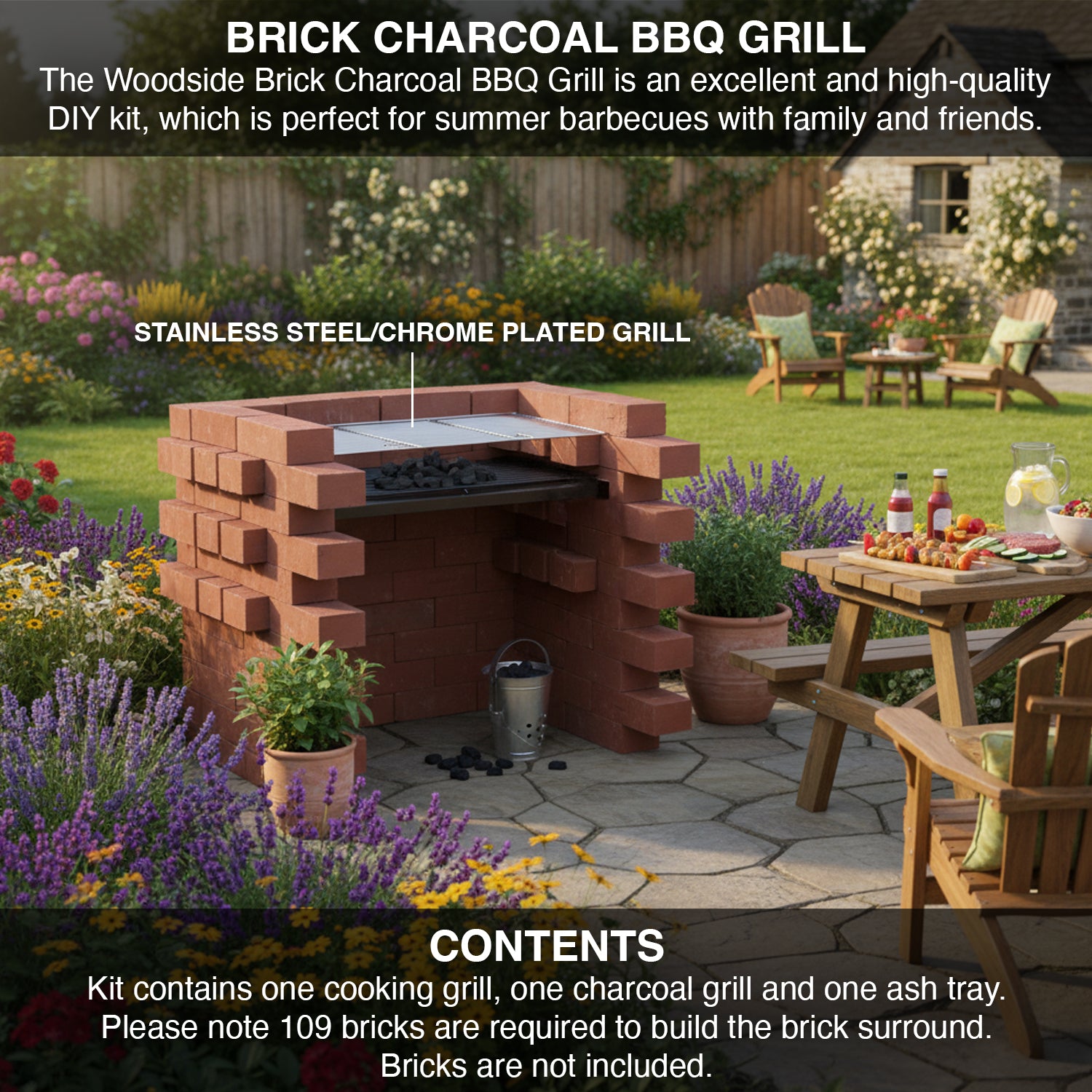 Brick charcoal BBQ grill in a garden setting with outdoor furniture and plants.
