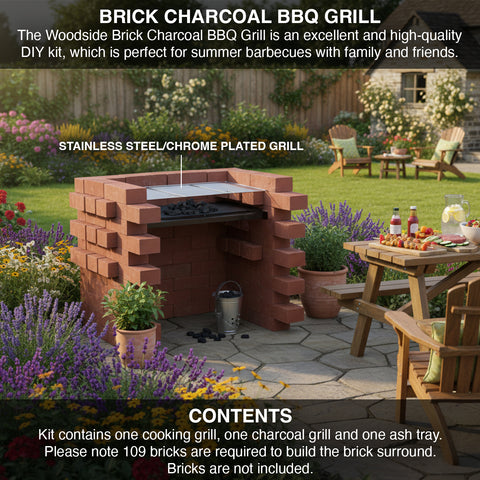 Brick charcoal BBQ grill in a garden setting with outdoor furniture and plants.