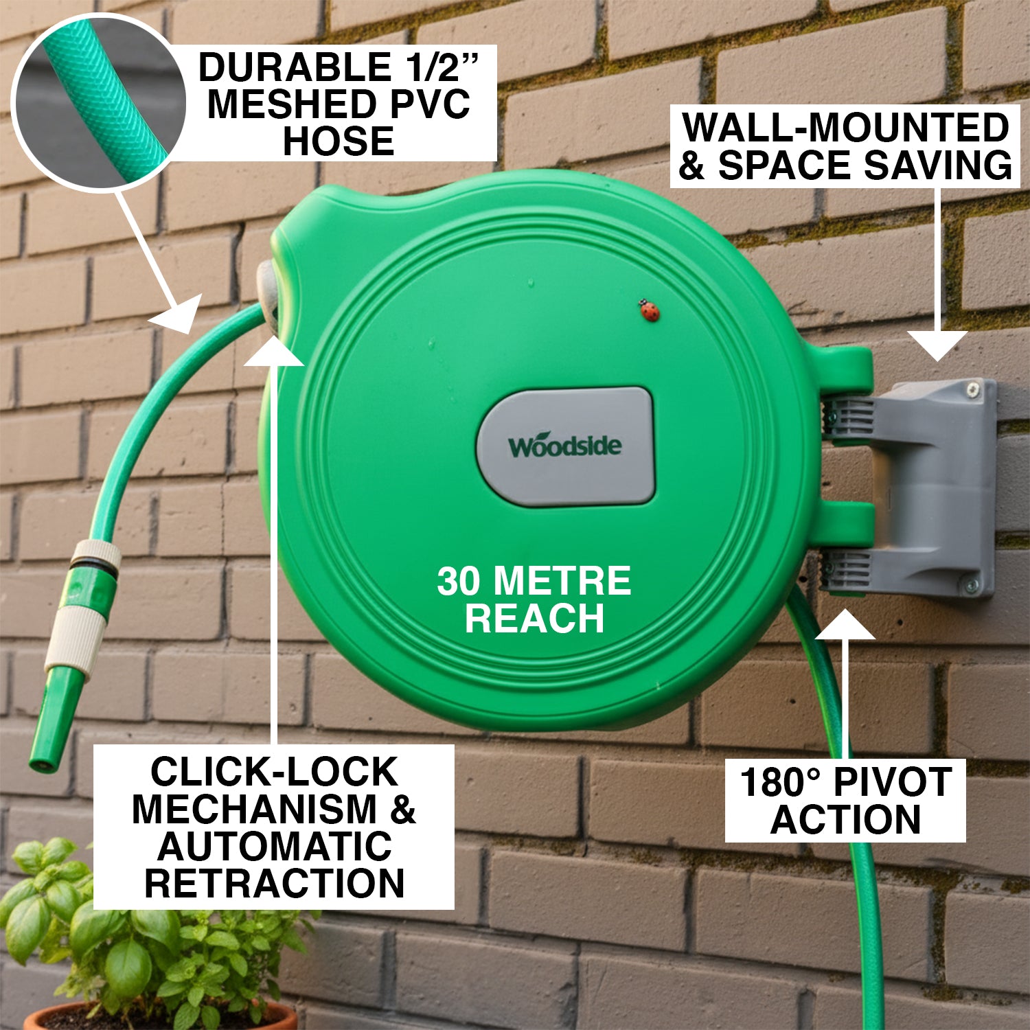 Woodside 30m Auto Rewind Retractable Wall Mounted Garden Hose Reel
