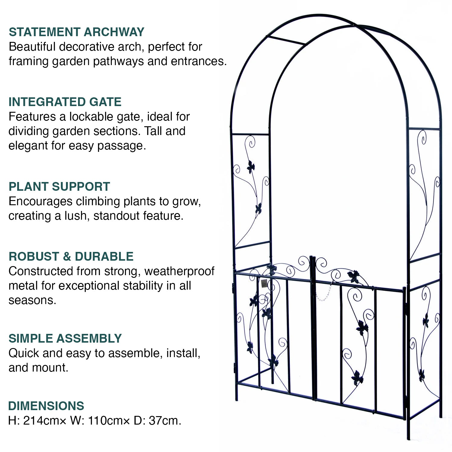 Woodside Lamas Decorative Metal Garden Arch With Gate