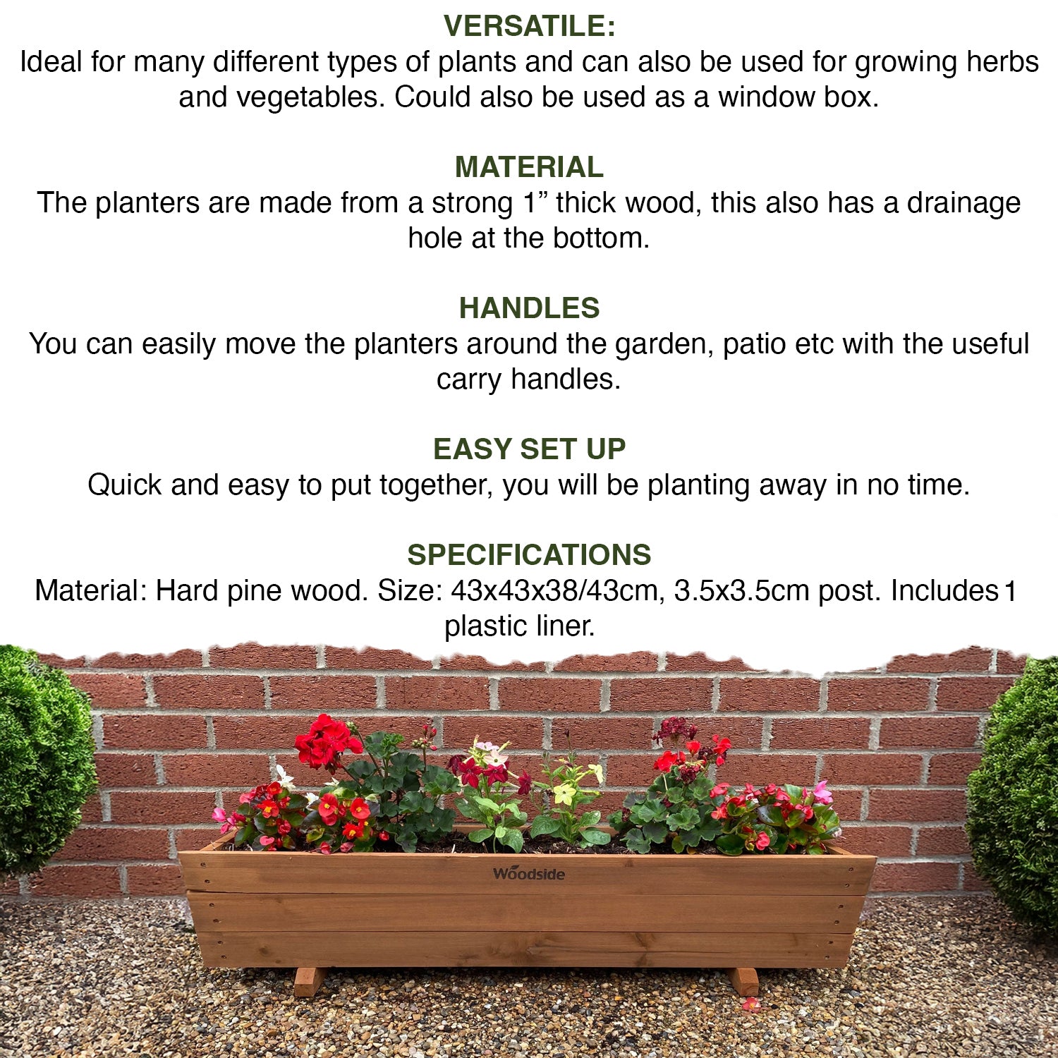 Woodside Sutton Wooden Garden Planter Plant/Flower Trough Container Box