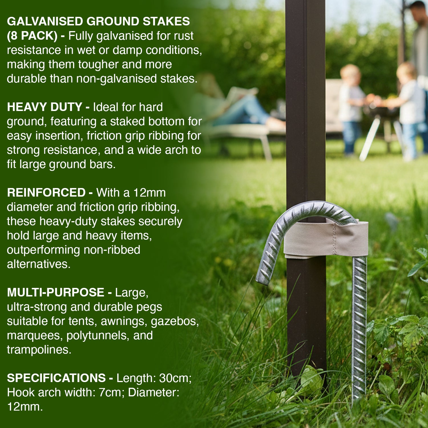 Galvanized ground stake with text describing its features on a grassy background.