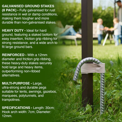 Galvanized ground stake with text describing its features on a grassy background.