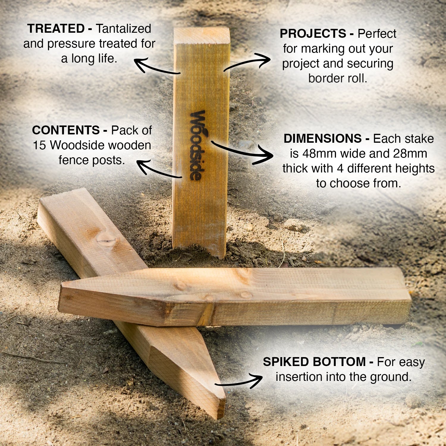 Woodside Square Pressure Treated Wooden Fence Posts/Stakes Garden Fencing Pegs