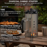 Charcoal chimney starter with grill and food in the background