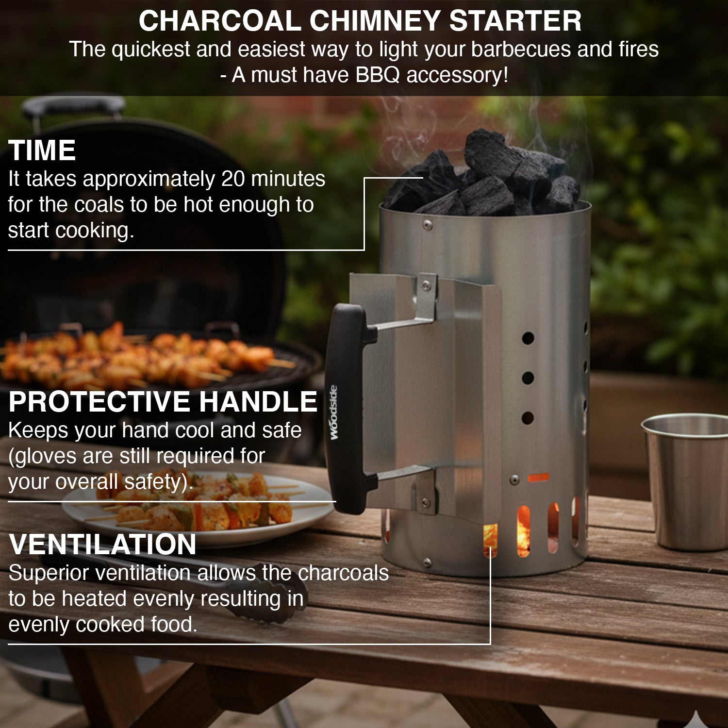 Charcoal chimney starter with grill and food in the background