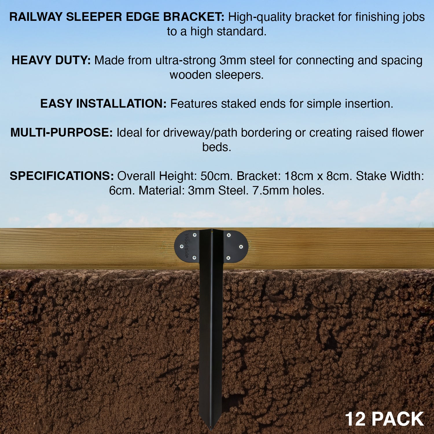 Woodside Pack of 12 Steel Railway Sleeper Bracket Heavy Duty Driveway Path Edging