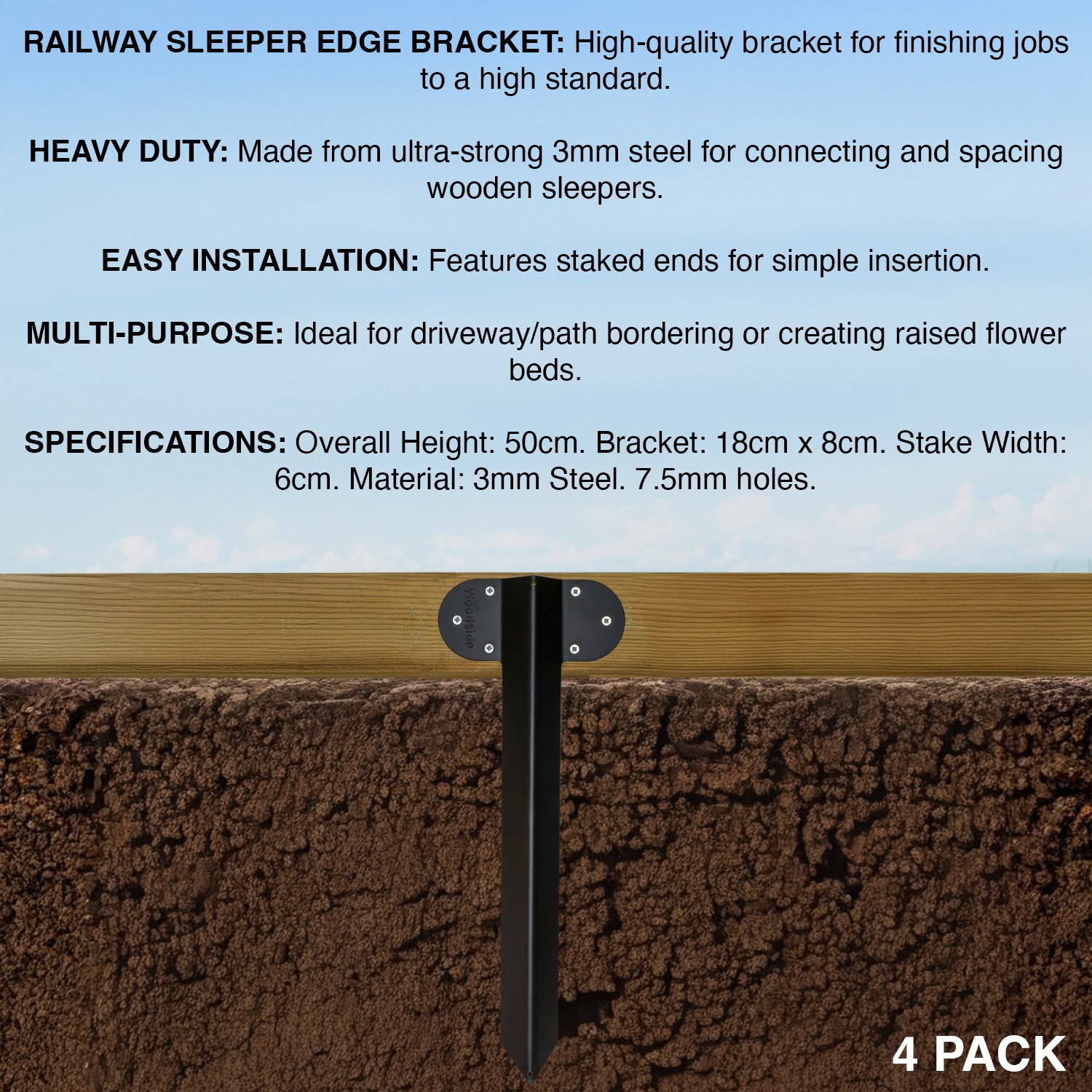Woodside Pack of 4 Steel Railway Sleeper Bracket Heavy Duty Driveway Path Edging